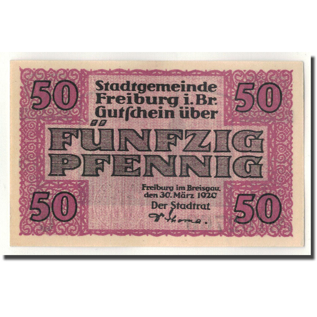 Banknot, Niemcy, Freiburg i. Br. Stadt, 50 Pfennig, Eglise, 1920, 1920-03-30