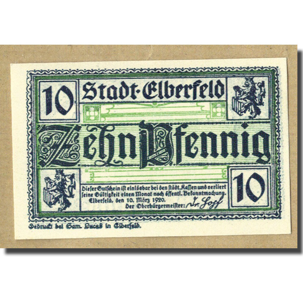 Billet, Allemagne, Elberfeld, 10 Pfennig, Ecusson, 1920, 1920-03-10, NEUF