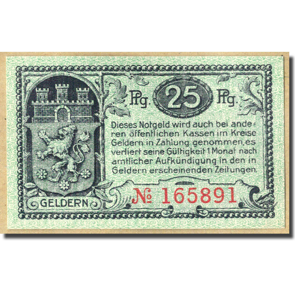 Biljet, Duitsland, Geldern Stadt, 25 Pfennig, Ecusson, 1920, 1920-05-07, SPL
