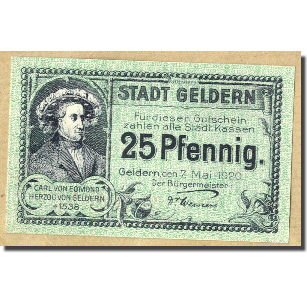 Biljet, Duitsland, Geldern Stadt, 25 Pfennig, Ecusson, 1920, 1920-05-07, SPL