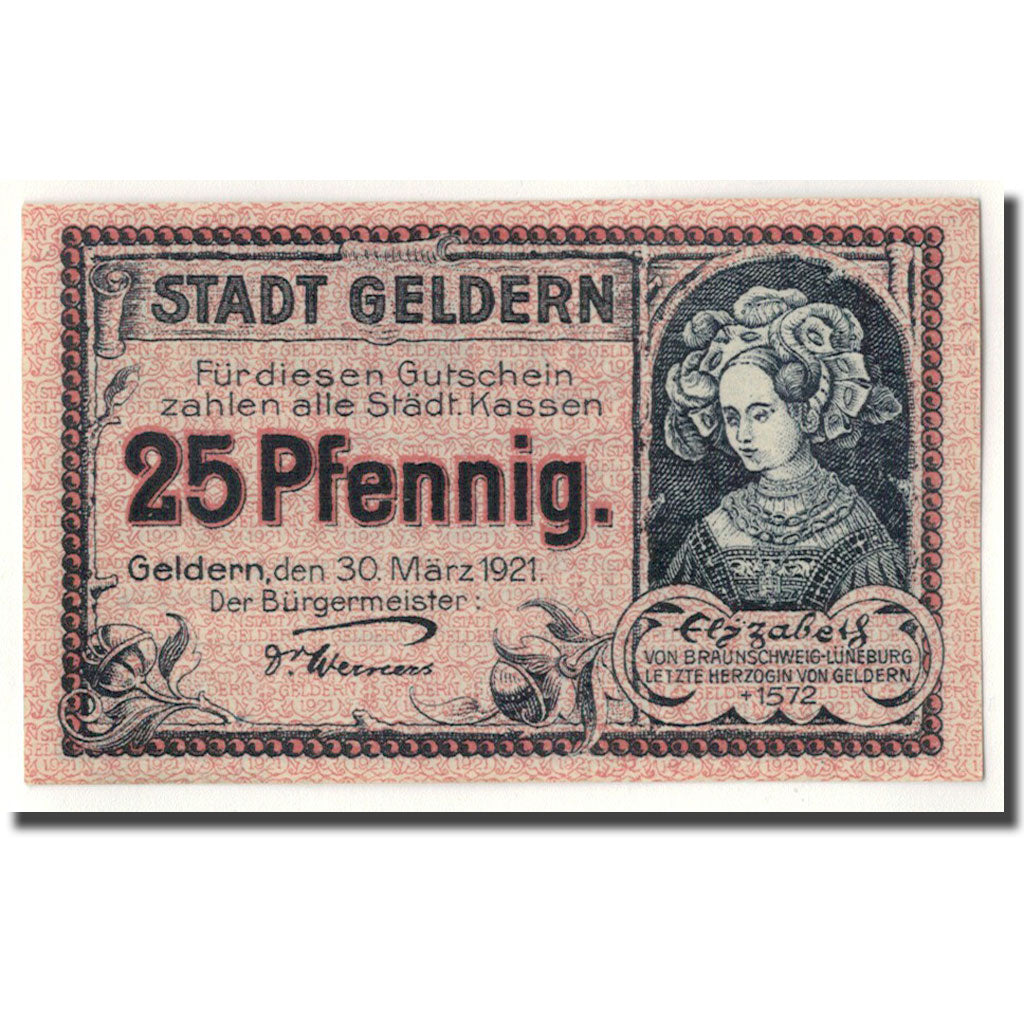 Billete, Alemania, Geldern Stadt, 25 Pfennig, Ecusson, 1921, 1921-03-30, SC