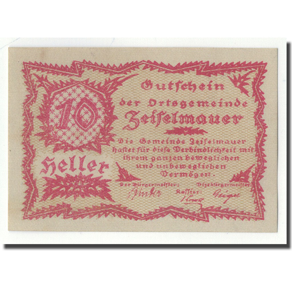 Banknote, Austria, Zeiselmauer N.Ö. Ortsgemeinde, 10 Heller, graphique
