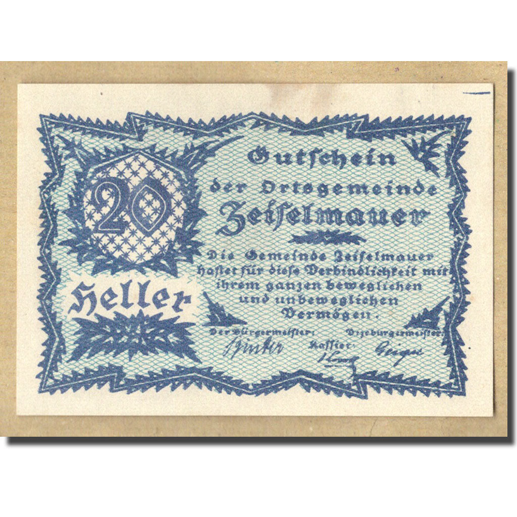 Geldschein, Österreich, Zeiselmauer N.Ö. Ortsgemeinde, 20 Heller, graphique