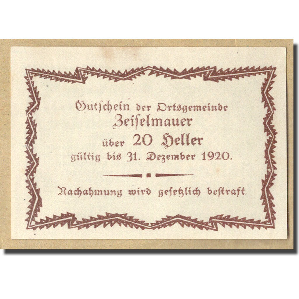 Geldschein, Österreich, Zeiselmauer N.Ö. Ortsgemeinde, 20 Heller, graphique