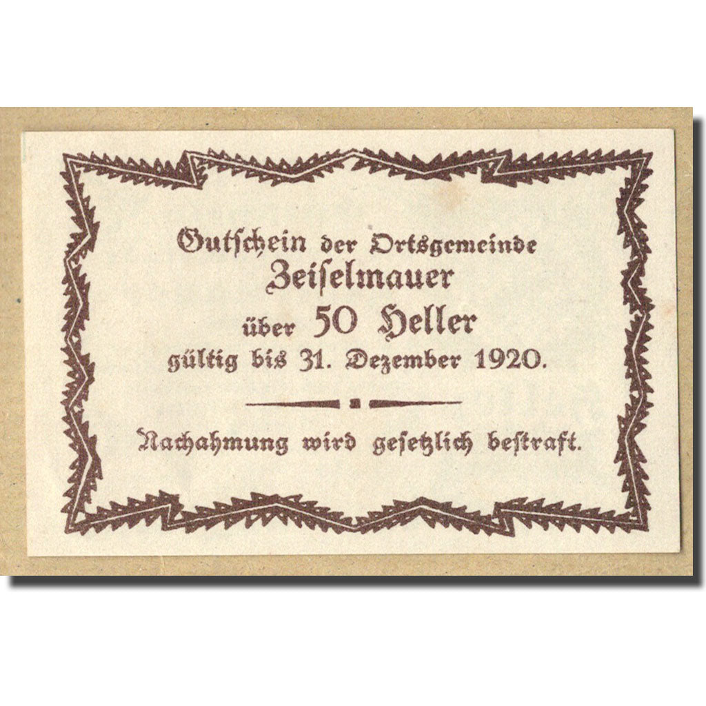 Geldschein, Österreich, Zeiselmauer N.Ö. Ortsgemeinde, 50 Heller, graphique