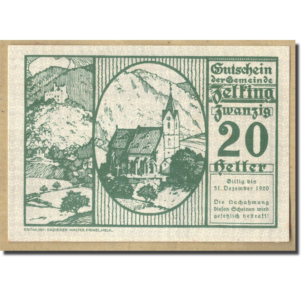 Geldschein, Österreich, Zelking, 20 Heller, Eglise, UNZ-, Mehl:FS 1267