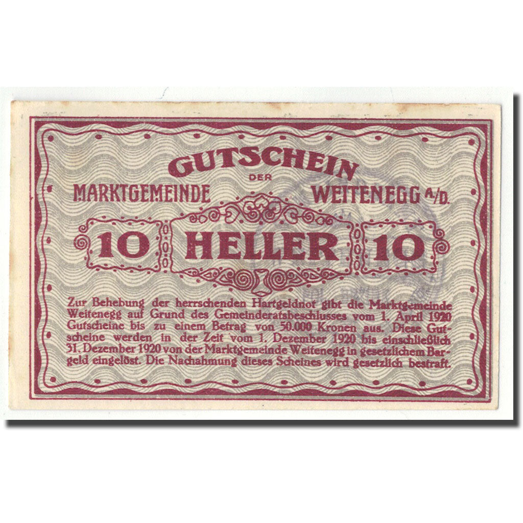 Geldschein, Österreich, Weitenegg A/D, 10 Heller, paysage, UNZ-, Mehl:FS 1163a