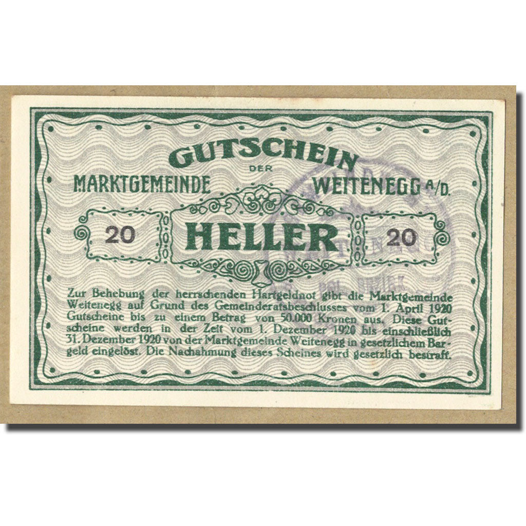 Geldschein, Österreich, Weitenegg A/D, 20 Heller, paysage, UNZ-, Mehl:FS 1163a