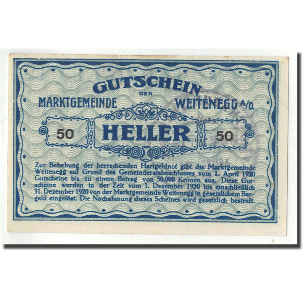Geldschein, Österreich, Weitenegg A/D, 50 Heller, paysage, UNZ-, Mehl:FS 1163a