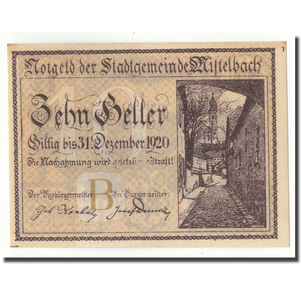 Geldschein, Deutschland, Mistelbach, 10 Heller, paysage, 1920, UNZ-, Mehl:FS