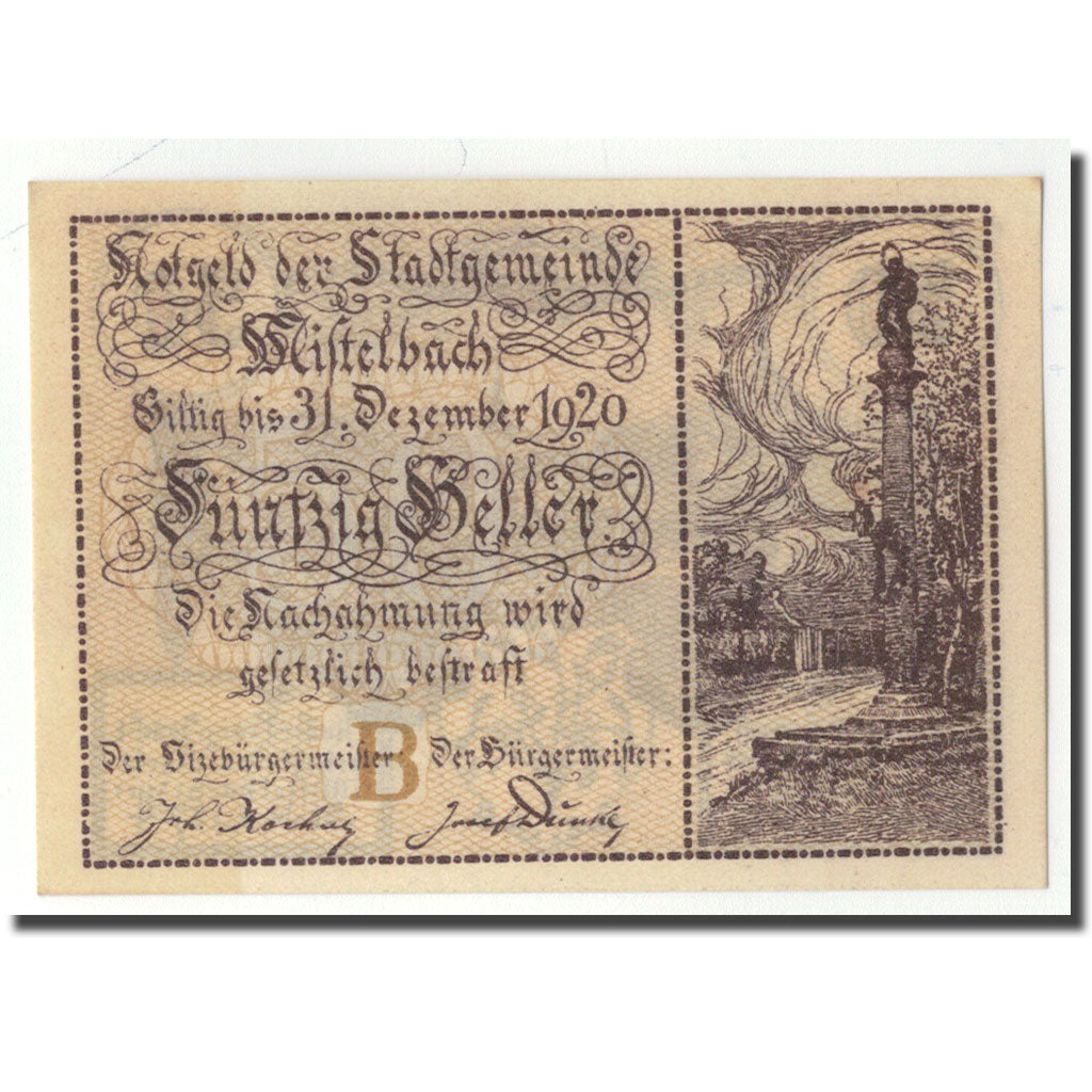 Geldschein, Deutschland, Mistelbach, 50 Heller, paysage, 1920, UNZ-, Mehl:FS