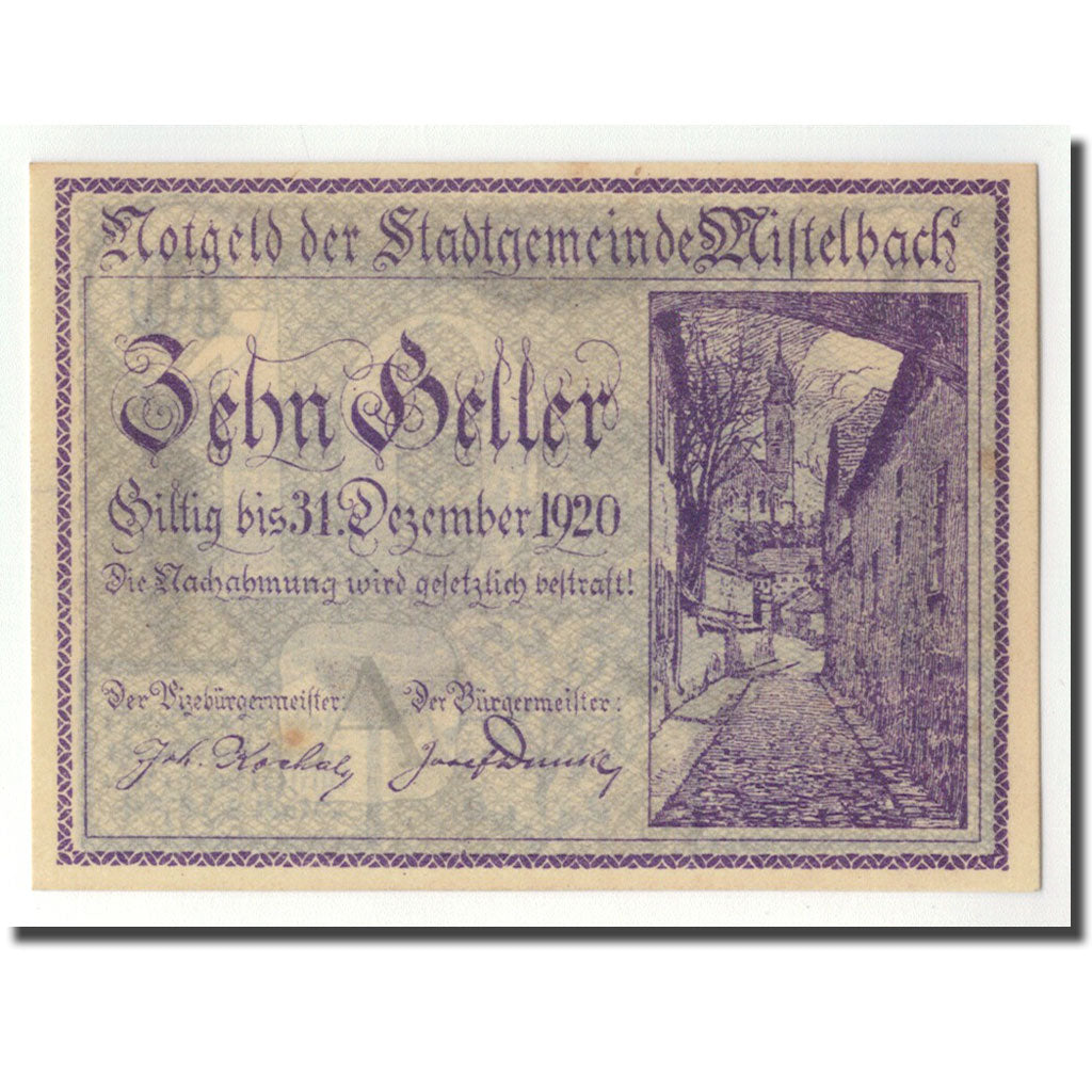 Geldschein, Deutschland, Mistelbach, 10 Heller, paysage, 1920, UNZ-, Mehl:FS