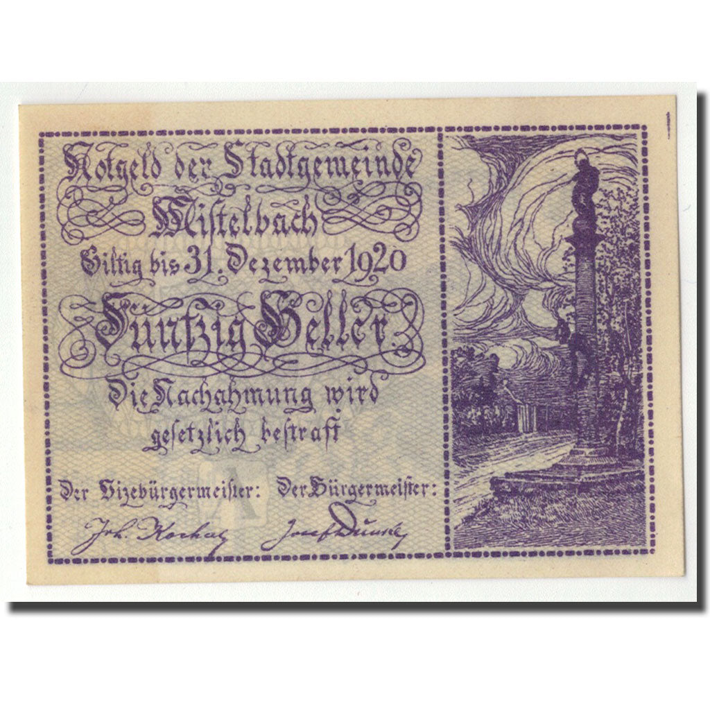 Geldschein, Deutschland, Mistelbach, 50 Heller, paysage, 1920, UNZ-, Mehl:FS