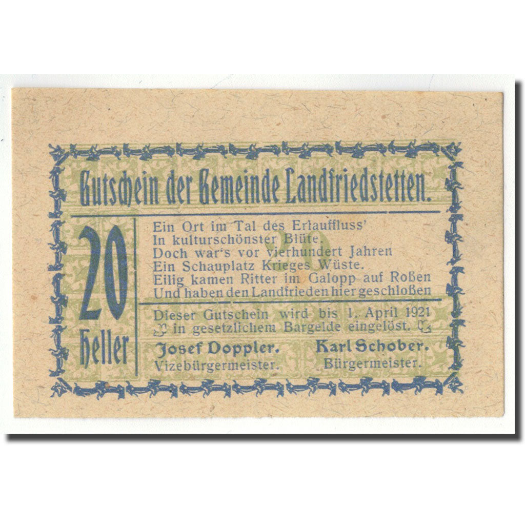 Geldschein, Österreich, Landfriedstetten, 20 Heller, graphique, 1920, UNZ-