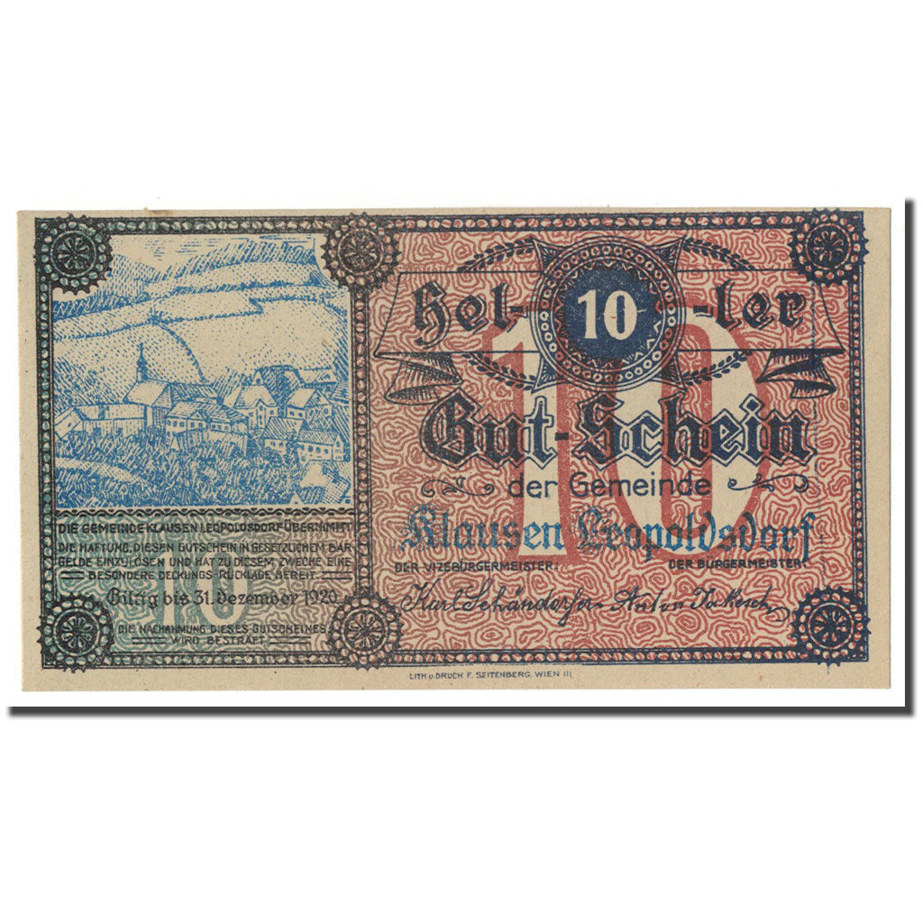 Geldschein, Österreich, Klausen Leopoldsdorf, 10 Heller, paysage, 1920