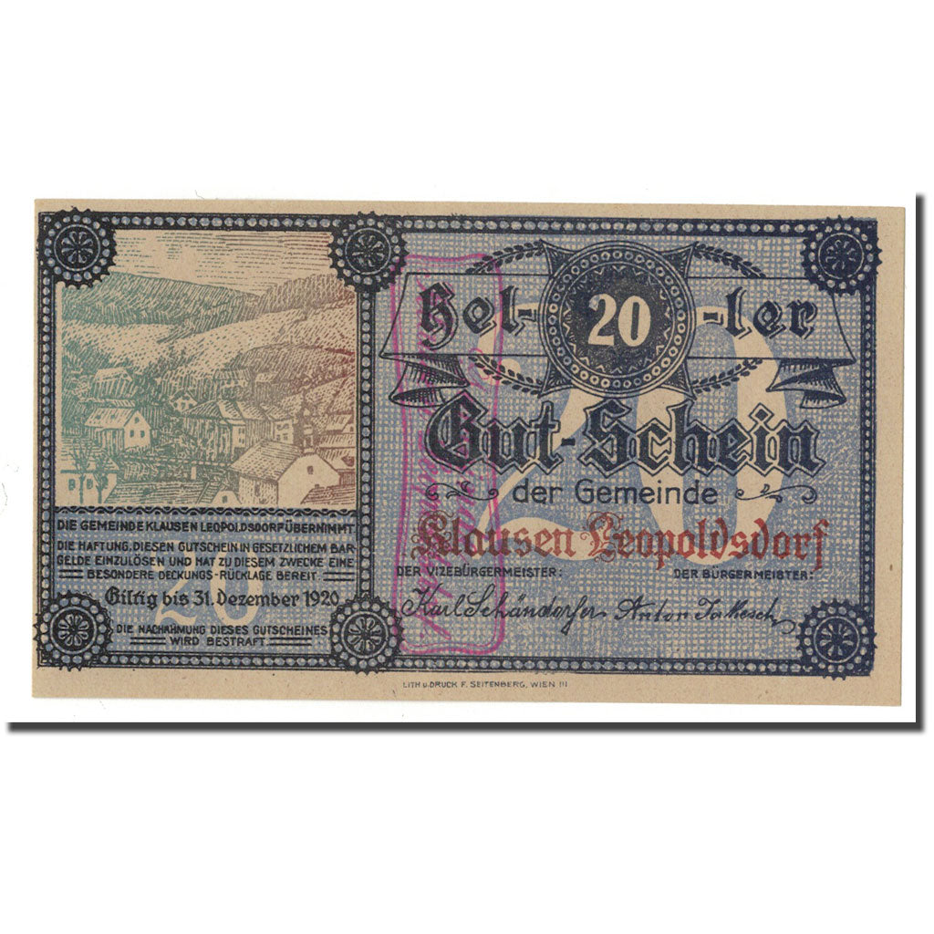 Geldschein, Österreich, Klausen Leopoldsdorf, 20 Heller, paysage, 1920