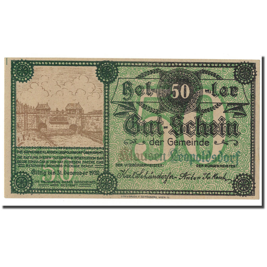 Geldschein, Österreich, Klausen Leopoldsdorf, 50 Heller, paysage, 1920