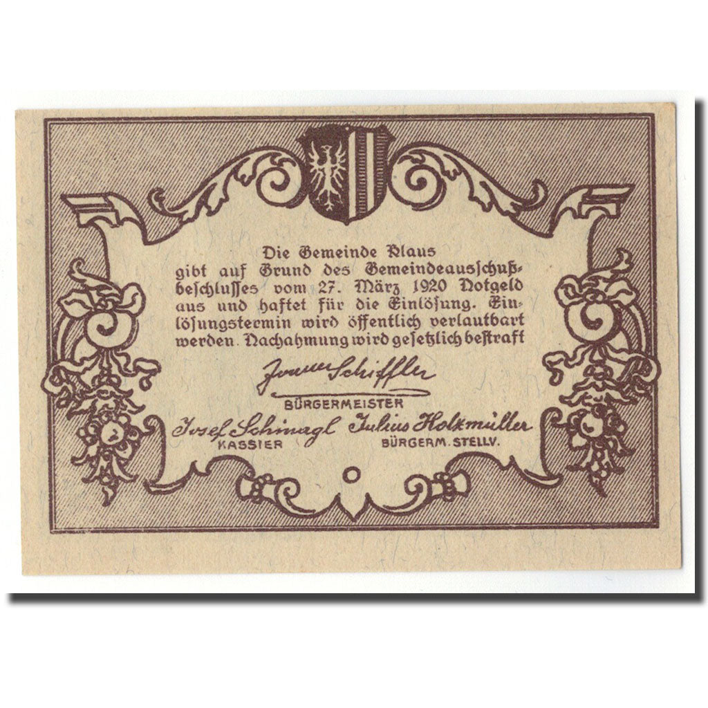 Geldschein, Österreich, Klaus, 50 Heller, paysage, 1920, 1920-03-27, UNZ-