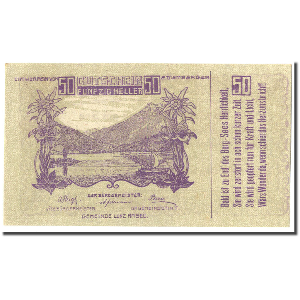 Geldschein, Österreich, Lunz am See, 50 Heller, paysage, 1920, 1920-12-31