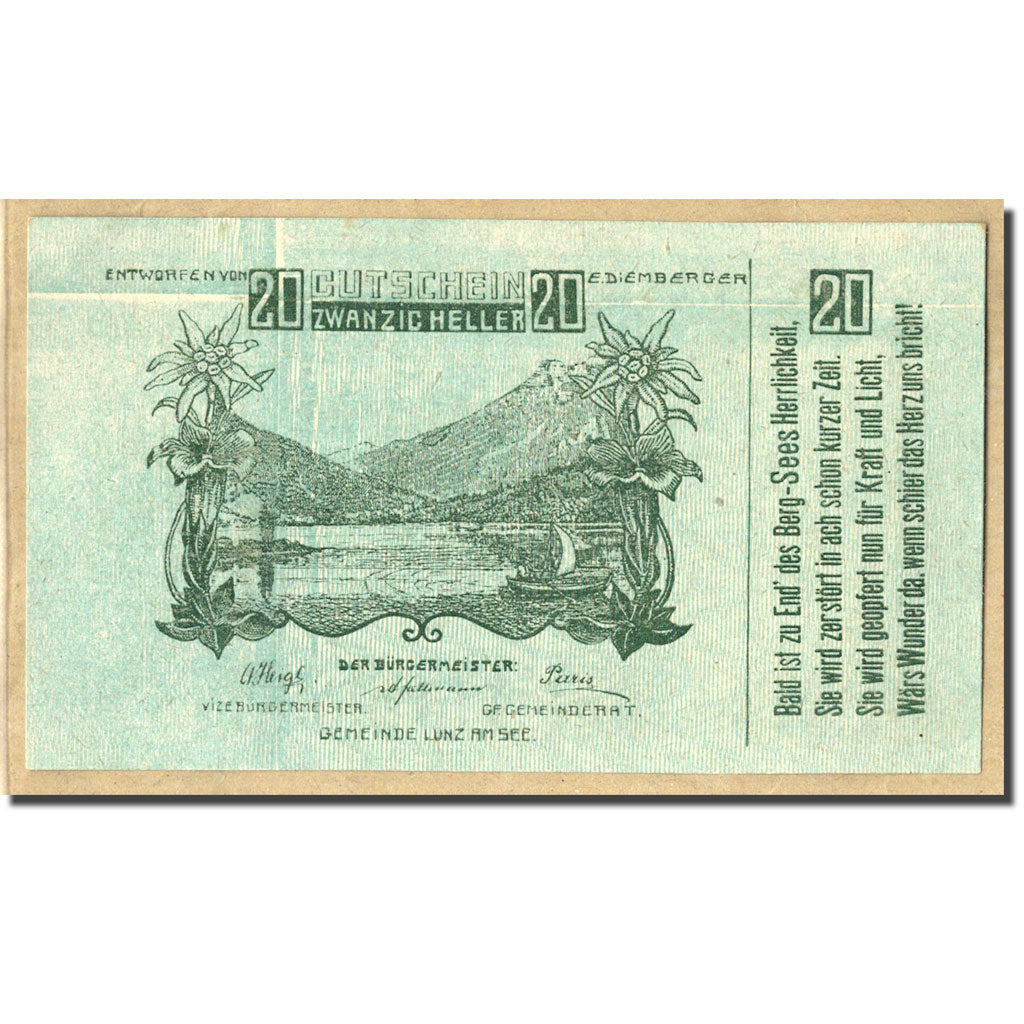 Geldschein, Österreich, Lunz am See, 20 Heller, paysage, 1920, 1920-12-31