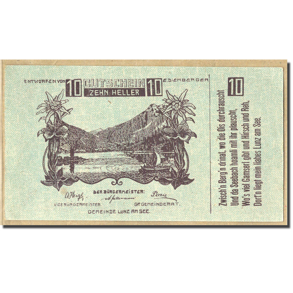 Geldschein, Österreich, Lunz am See, 10 Heller, paysage, 1920, 1920-12-31