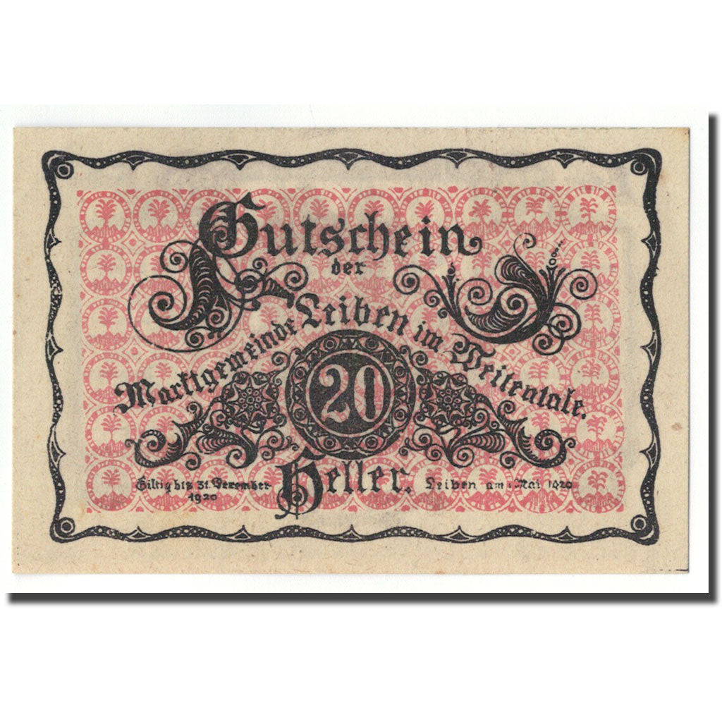 Geldschein, Österreich, Leiben N.Ö., 20 Heller, paysage, 1920, 1920-05-01
