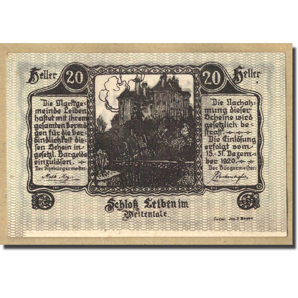 Geldschein, Österreich, Leiben N.Ö., 20 Heller, paysage, 1920, 1920-05-01