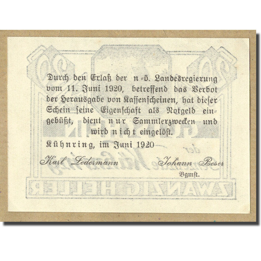 Geldschein, Österreich, Kuhnring, 20 Heller, paysage, 1920, UNZ-, Mehl:FS 489f