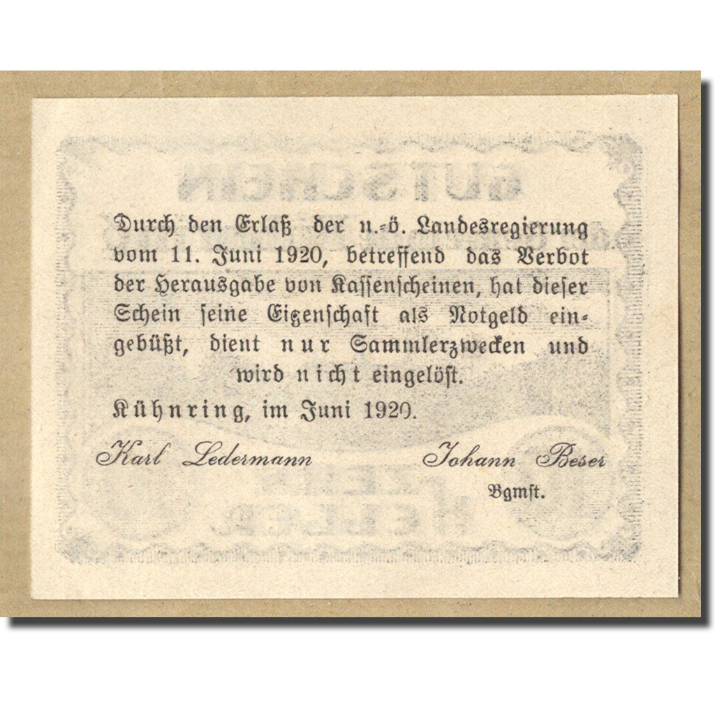 Geldschein, Österreich, Kuhnring, 10 Heller, paysage, 1920, UNZ-, Mehl:FS 489f