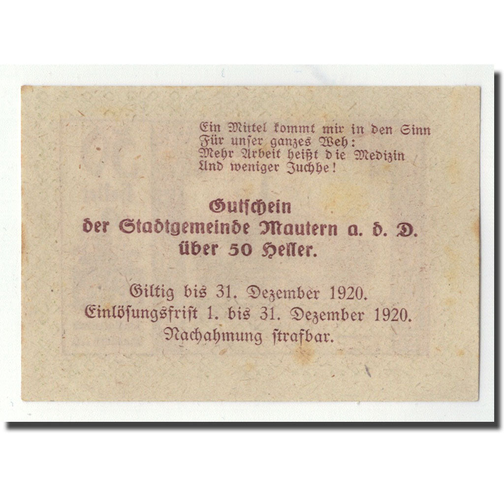 Geldschein, Österreich, Mautern, 50 Heller, paysage, 1920, 1920-04-02, UNZ-