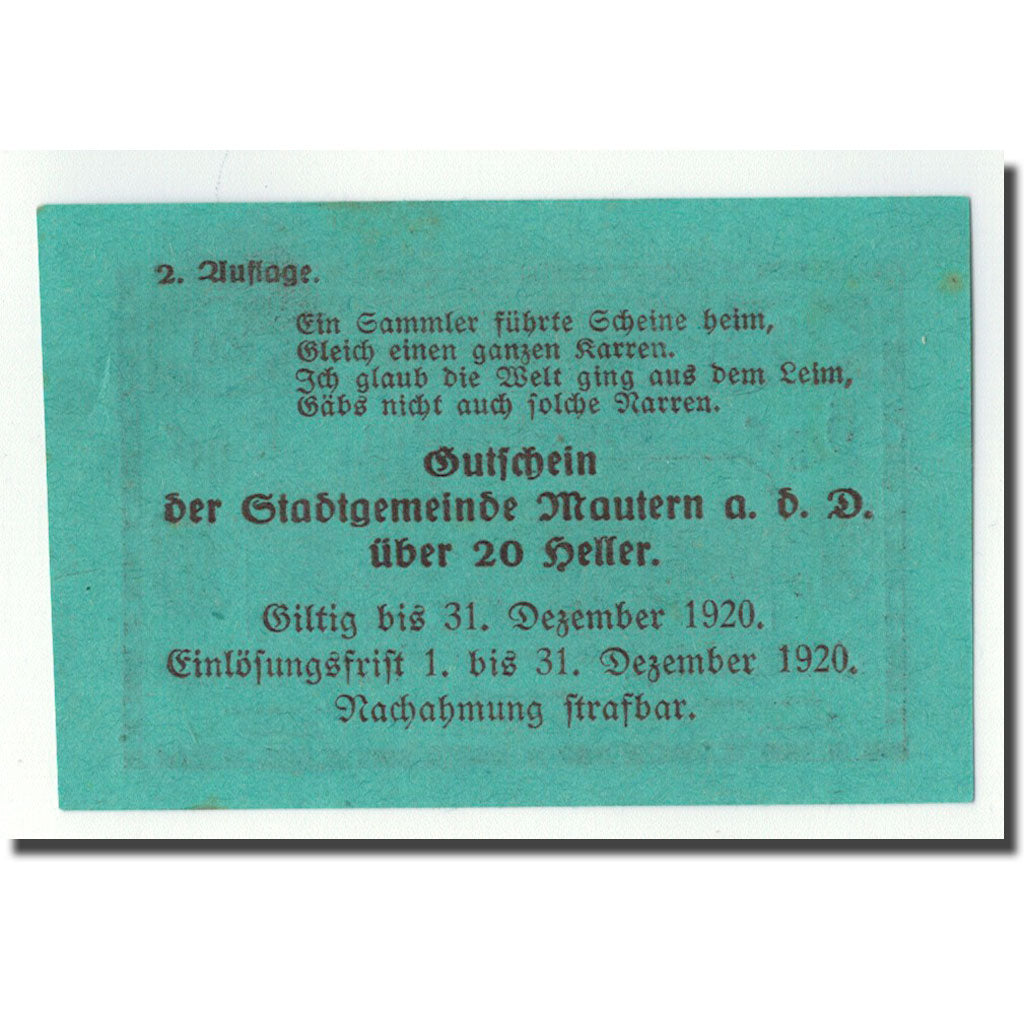 Geldschein, Österreich, Mautern, 20 Heller, pont, 1920, 1920-04-02, UNZ-