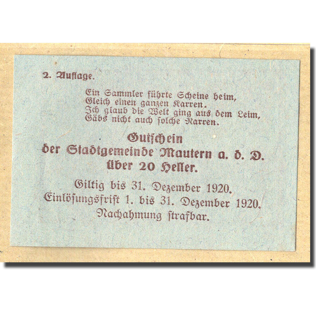 Geldschein, Österreich, Mautern, 20 Heller, pont, 1920, 1920-04-02, UNZ-