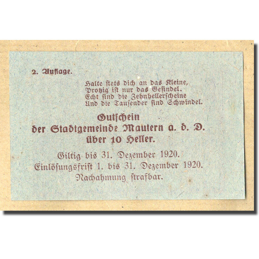 Geldschein, Österreich, Mautern, 10 Heller, pont, 1920, 1920-04-02, UNZ-