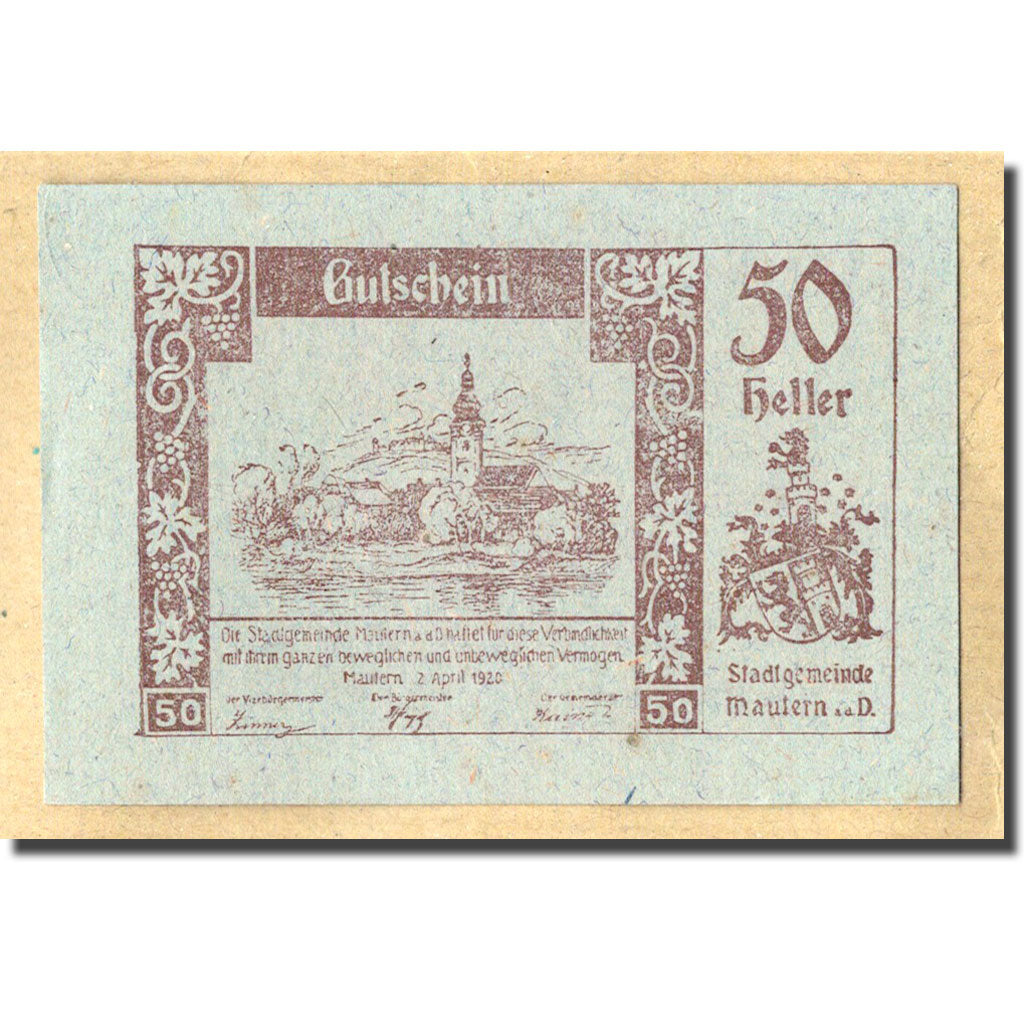 Geldschein, Österreich, Mautern, 50 Heller, paysage, 1920, 1920-04-02, UNZ-