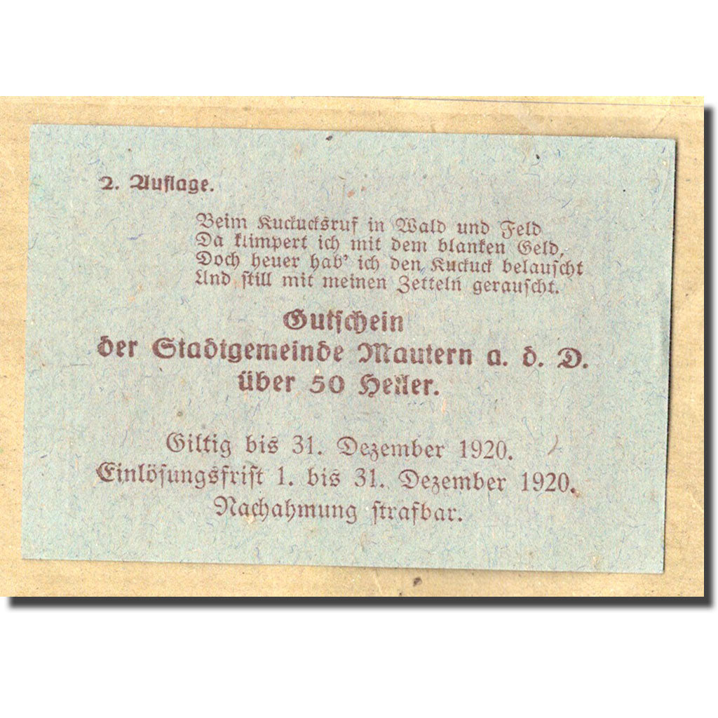 Geldschein, Österreich, Mautern, 50 Heller, paysage, 1920, 1920-04-02, UNZ-