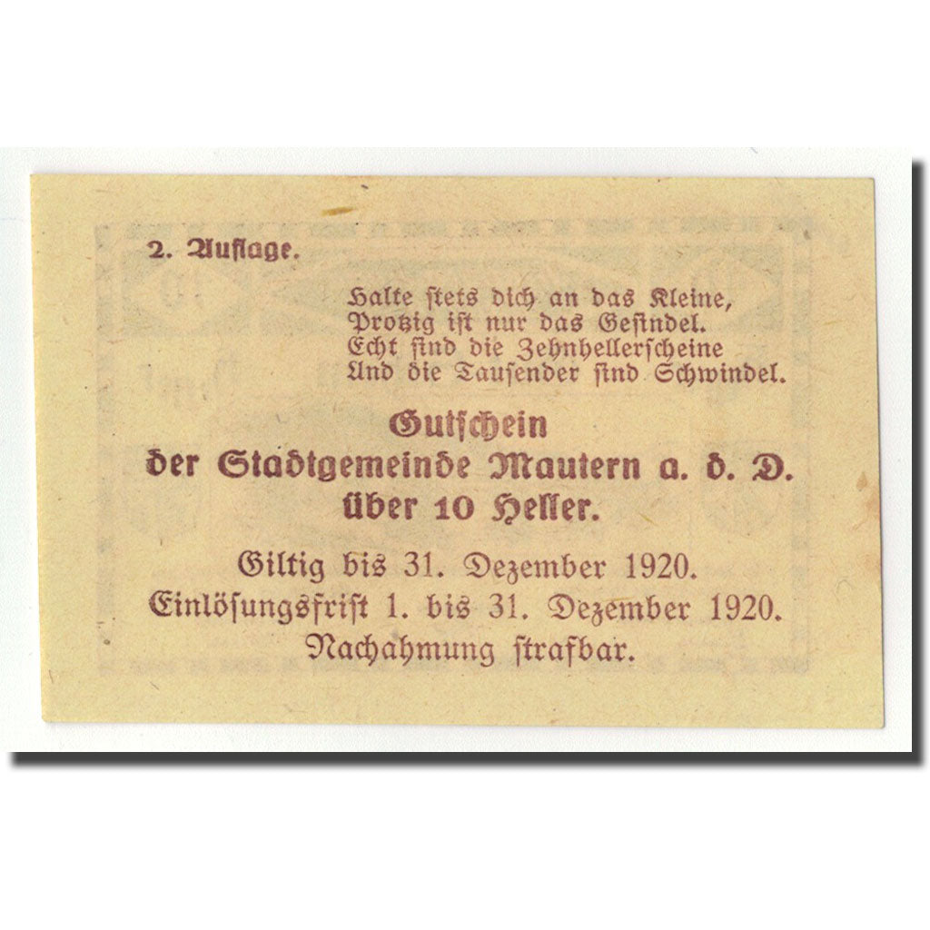 Geldschein, Österreich, Mautern, 10 Heller, pont, 1920, 1920-04-02, UNZ-