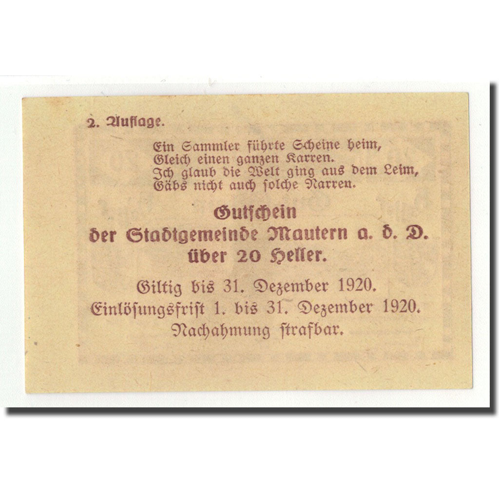 Geldschein, Österreich, Mautern, 20 Heller, pont, 1920, 1920-04-02, UNZ-