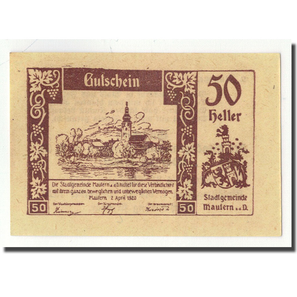 Geldschein, Österreich, Mautern, 50 Heller, paysage, 1920, 1920-04-02, UNZ-