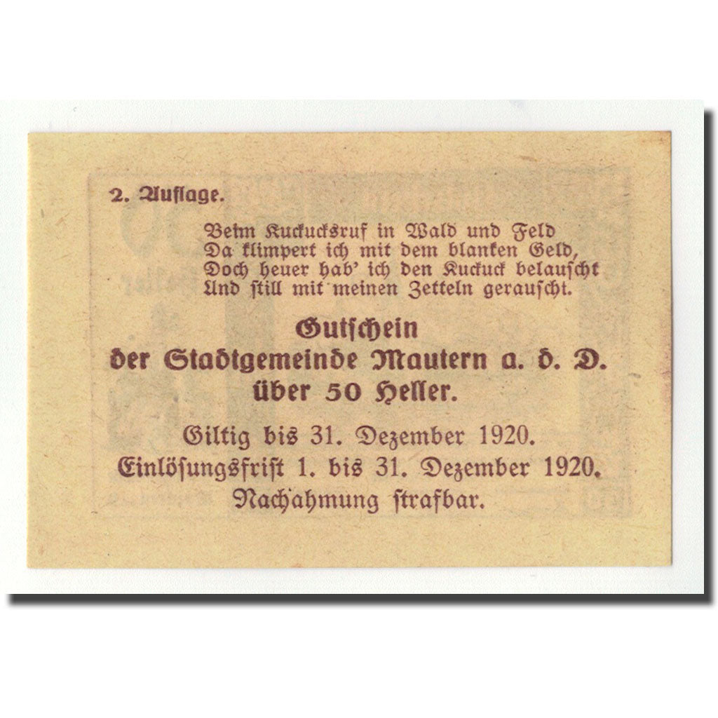 Geldschein, Österreich, Mautern, 50 Heller, paysage, 1920, 1920-04-02, UNZ-