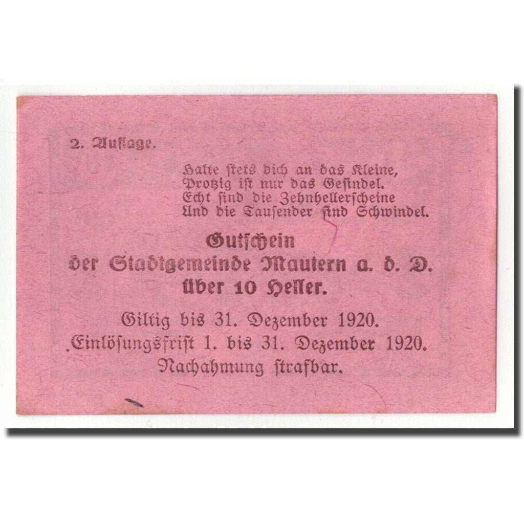 Geldschein, Österreich, Mautern, 10 Heller, pont, 1920, 1920-04-02, UNZ-