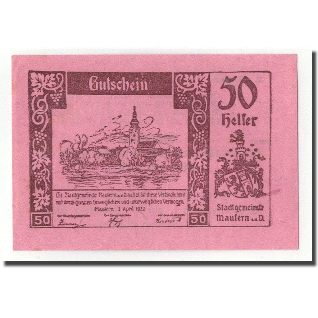 Geldschein, Österreich, Mautern, 50 Heller, paysage, 1920, 1920-04-02, UNZ-