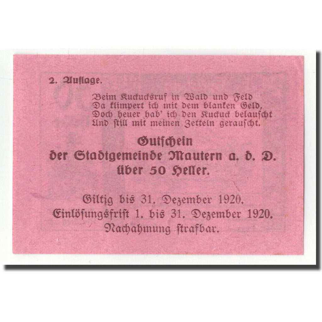 Geldschein, Österreich, Mautern, 50 Heller, paysage, 1920, 1920-04-02, UNZ-