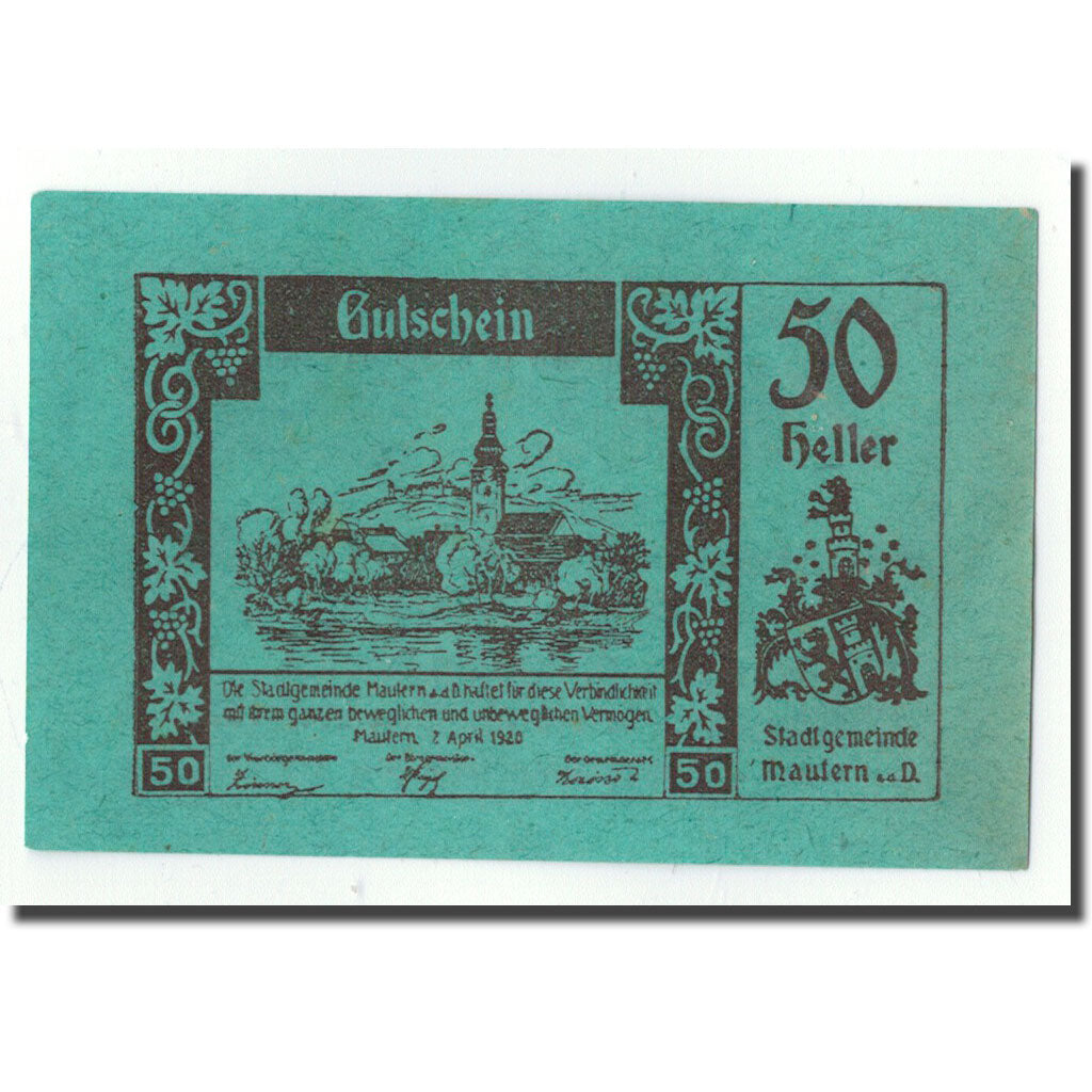 Geldschein, Österreich, Mautern, 50 Heller, paysage, 1920, 1920-04-02, UNZ-