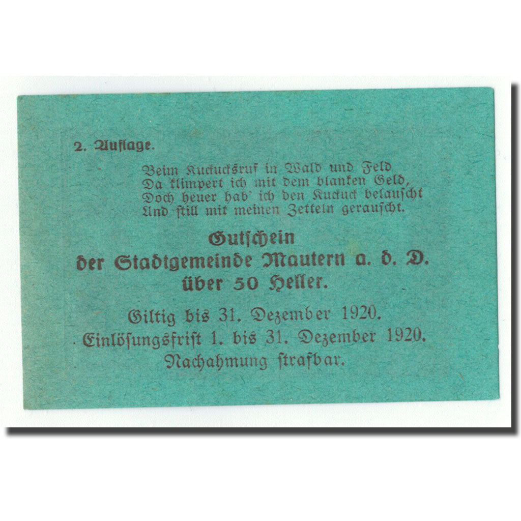 Geldschein, Österreich, Mautern, 50 Heller, paysage, 1920, 1920-04-02, UNZ-