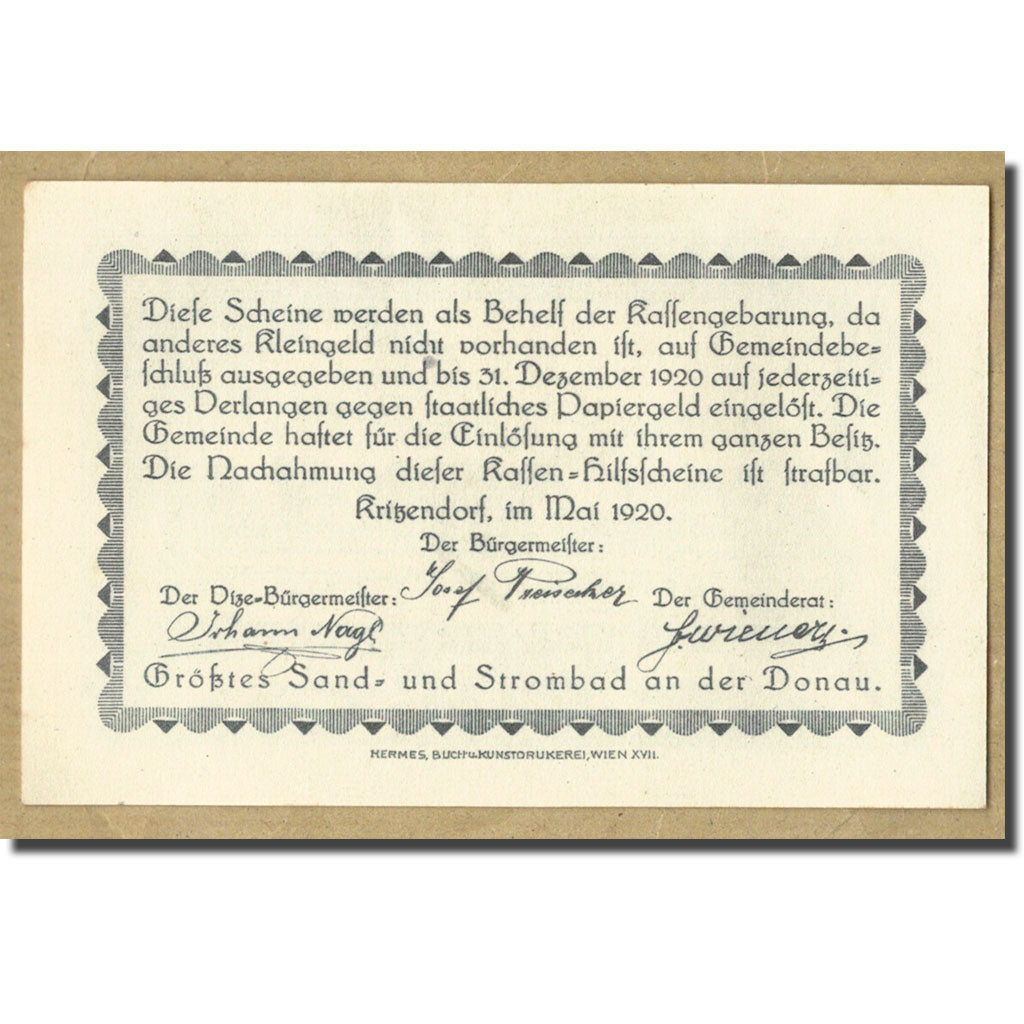Geldschein, Österreich, Kritzendorf, 50 Heller, paysage, 1920, UNZ-, Mehl:FS
