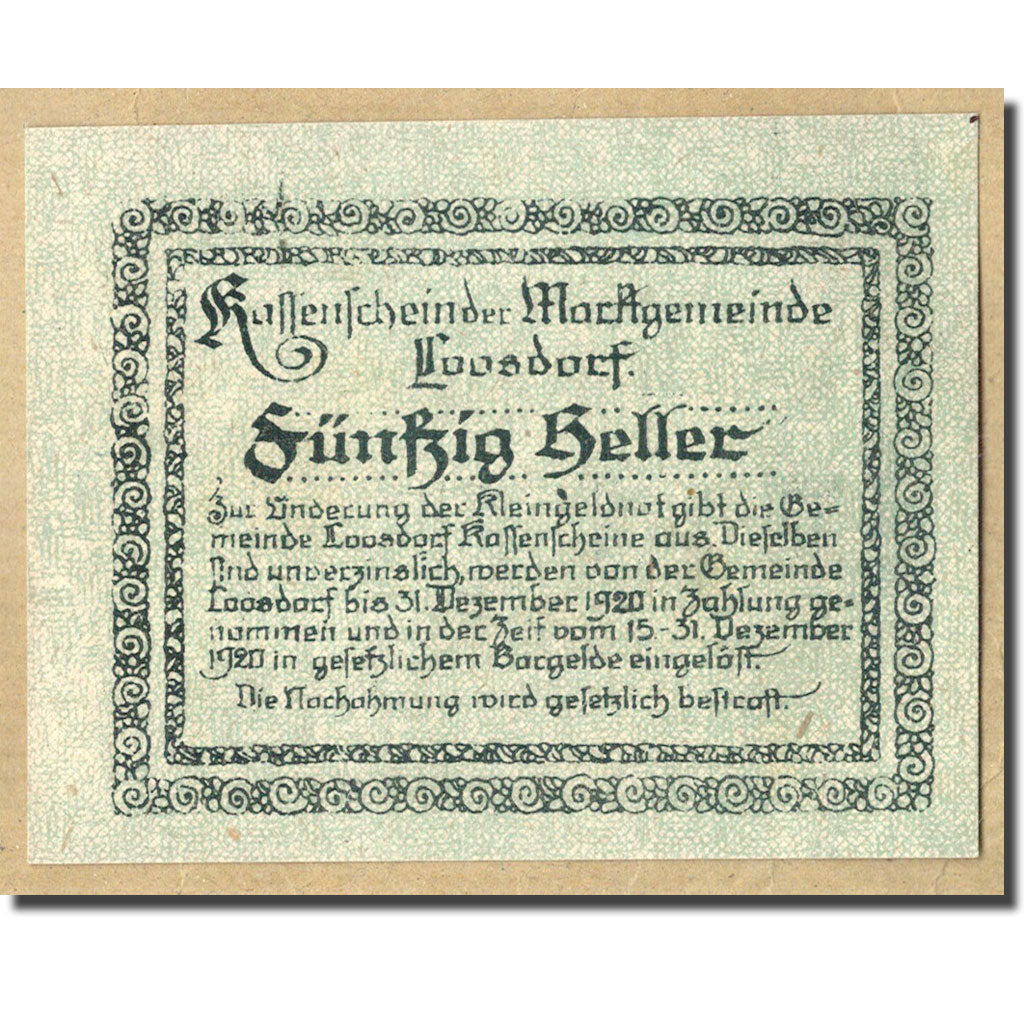 Geldschein, Österreich, Loosdorf, 50 Heller, paysage, 1920, 1920-12-31, UNZ-