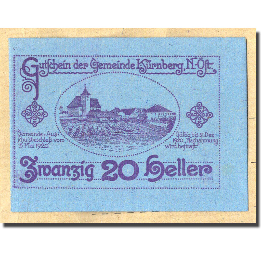 Geldschein, Österreich, Kürnberg, 20 Heller, paysage, 1920, 1920-05-15, UNZ-