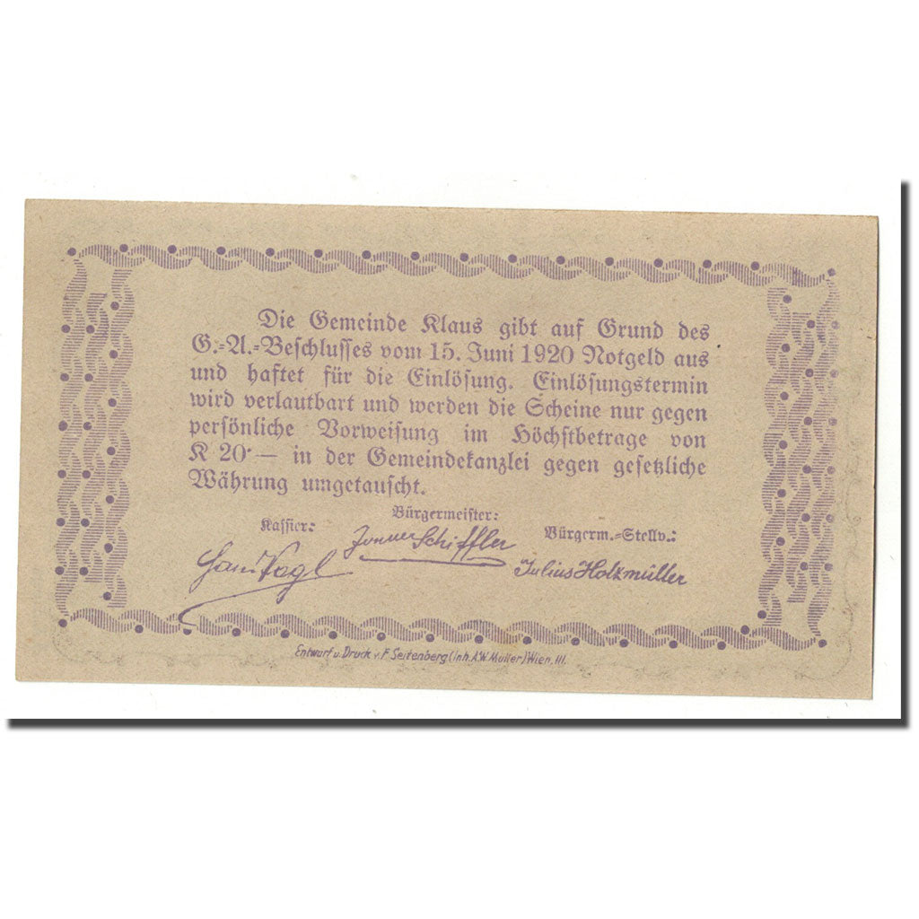 Geldschein, Österreich, Klaus, 60 Heller, paysage, 1920, 1920-06-15, UNZ-