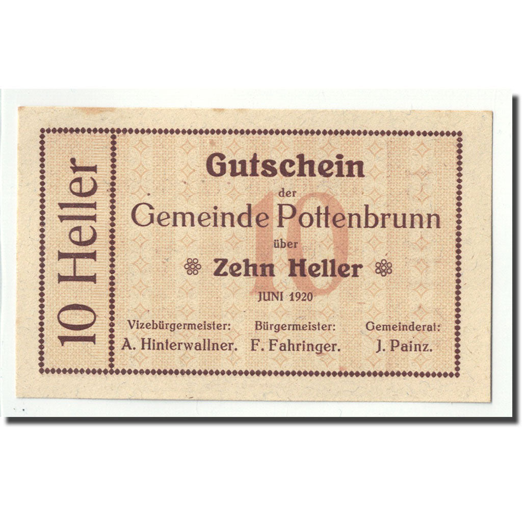 Geldschein, Österreich, Pottenbrunn, 10 Heller, graphique, 1920, UNZ-