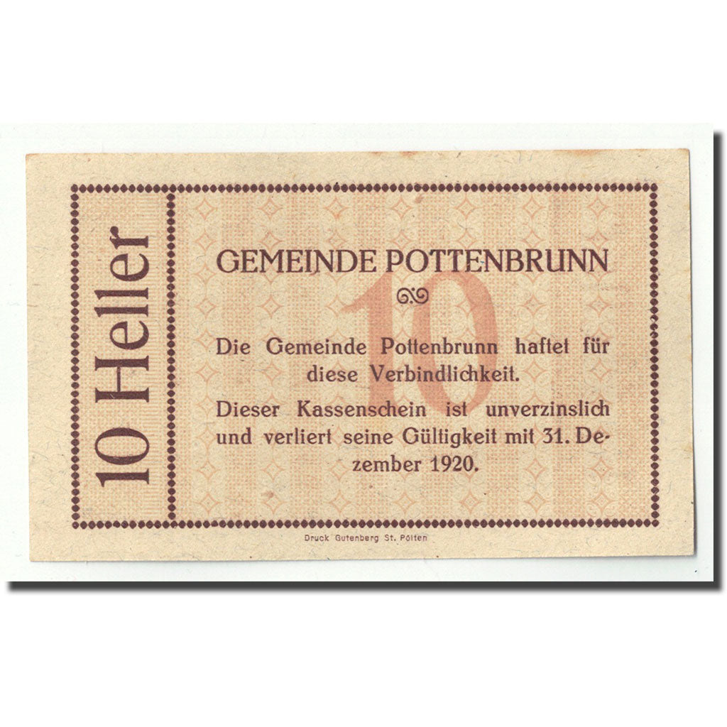 Geldschein, Österreich, Pottenbrunn, 10 Heller, graphique, 1920, UNZ-